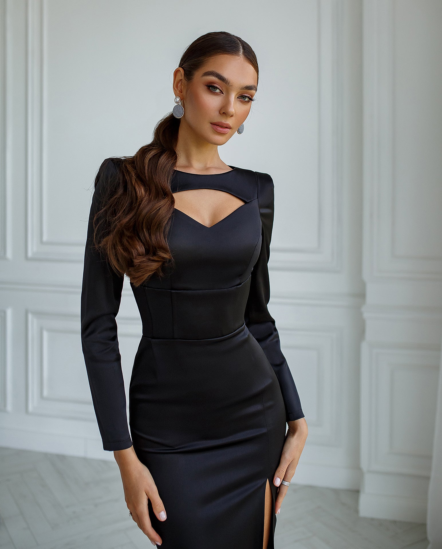 Black Satin Long Sleeve Midi Dress