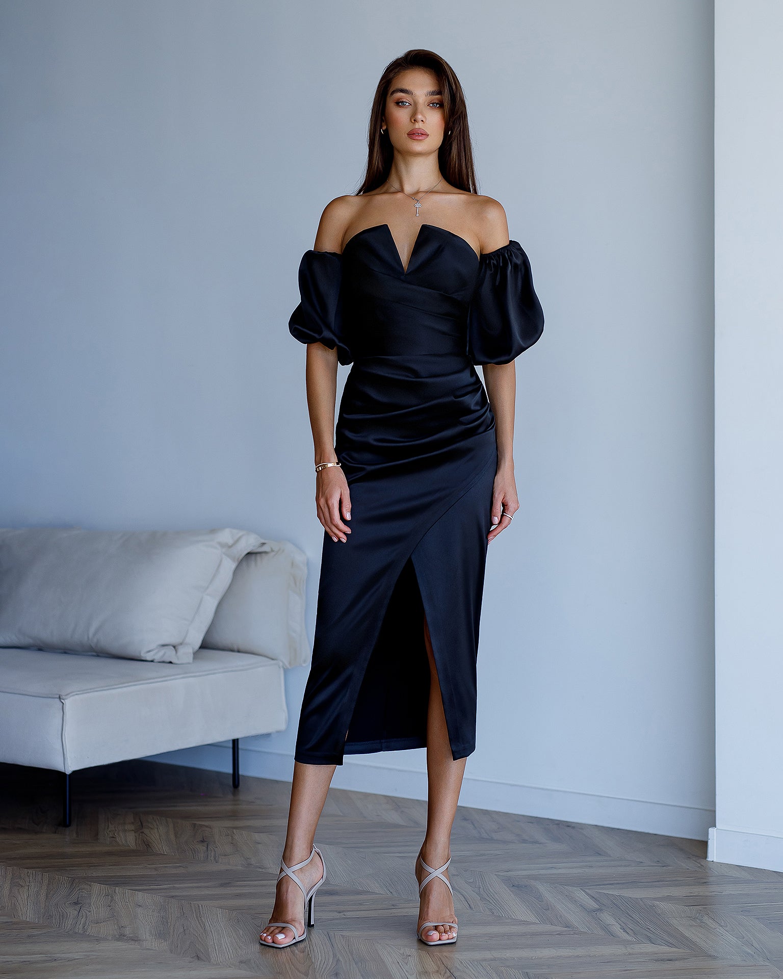 Black Satin Puff-Sleeve Midi Dress