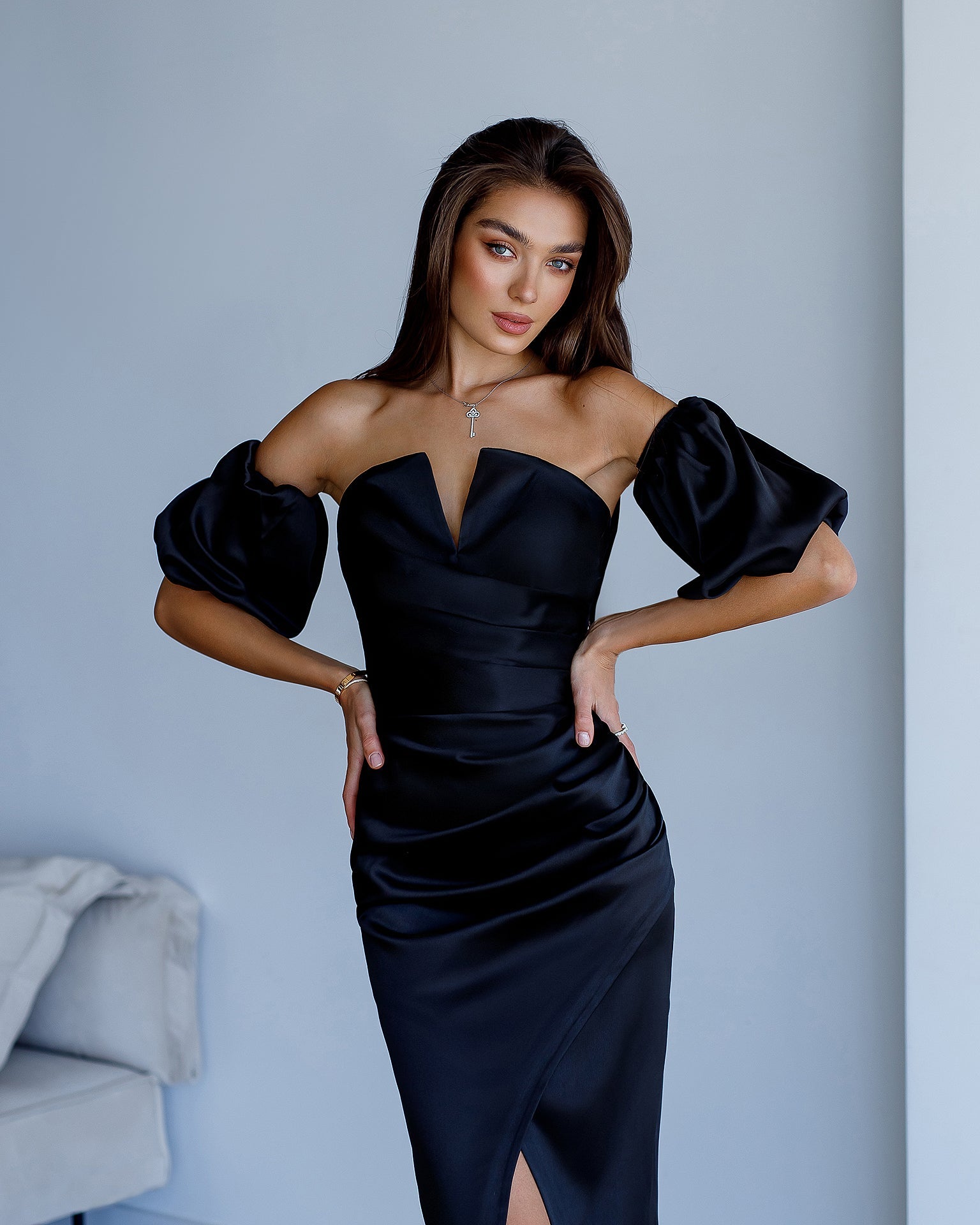 Black Satin Puff-Sleeve Midi Dress