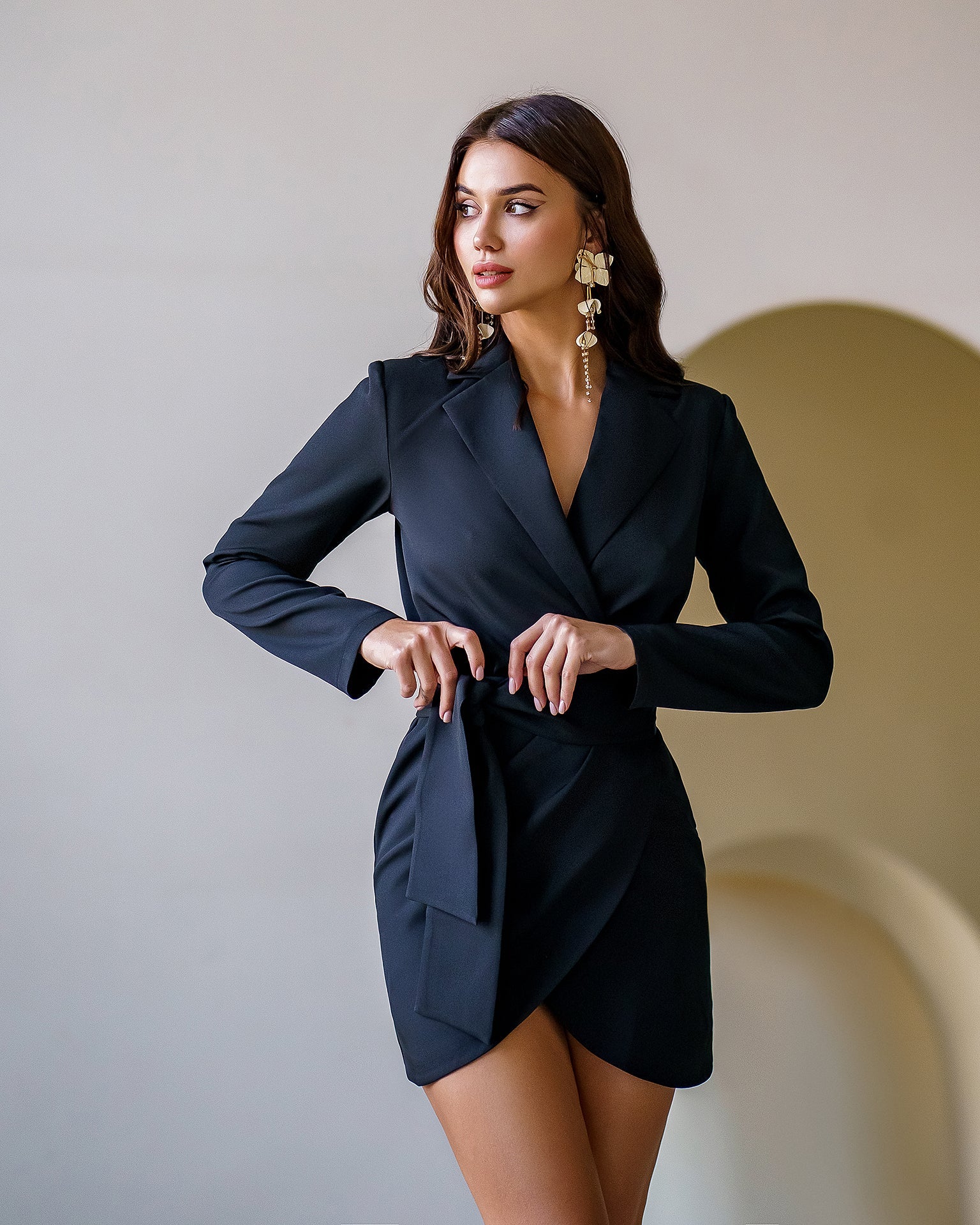 Black Shawl Lapel Puff-Sleeve Wrap Mini Dress