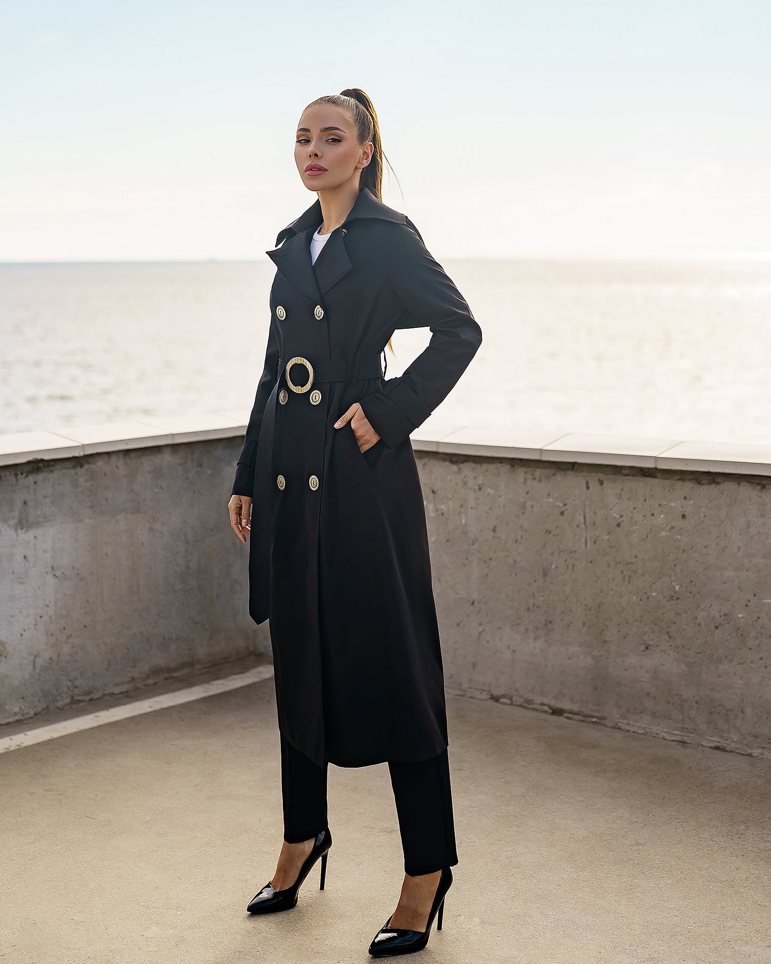 Dark Green Double-Breasted Belted Trench Coat