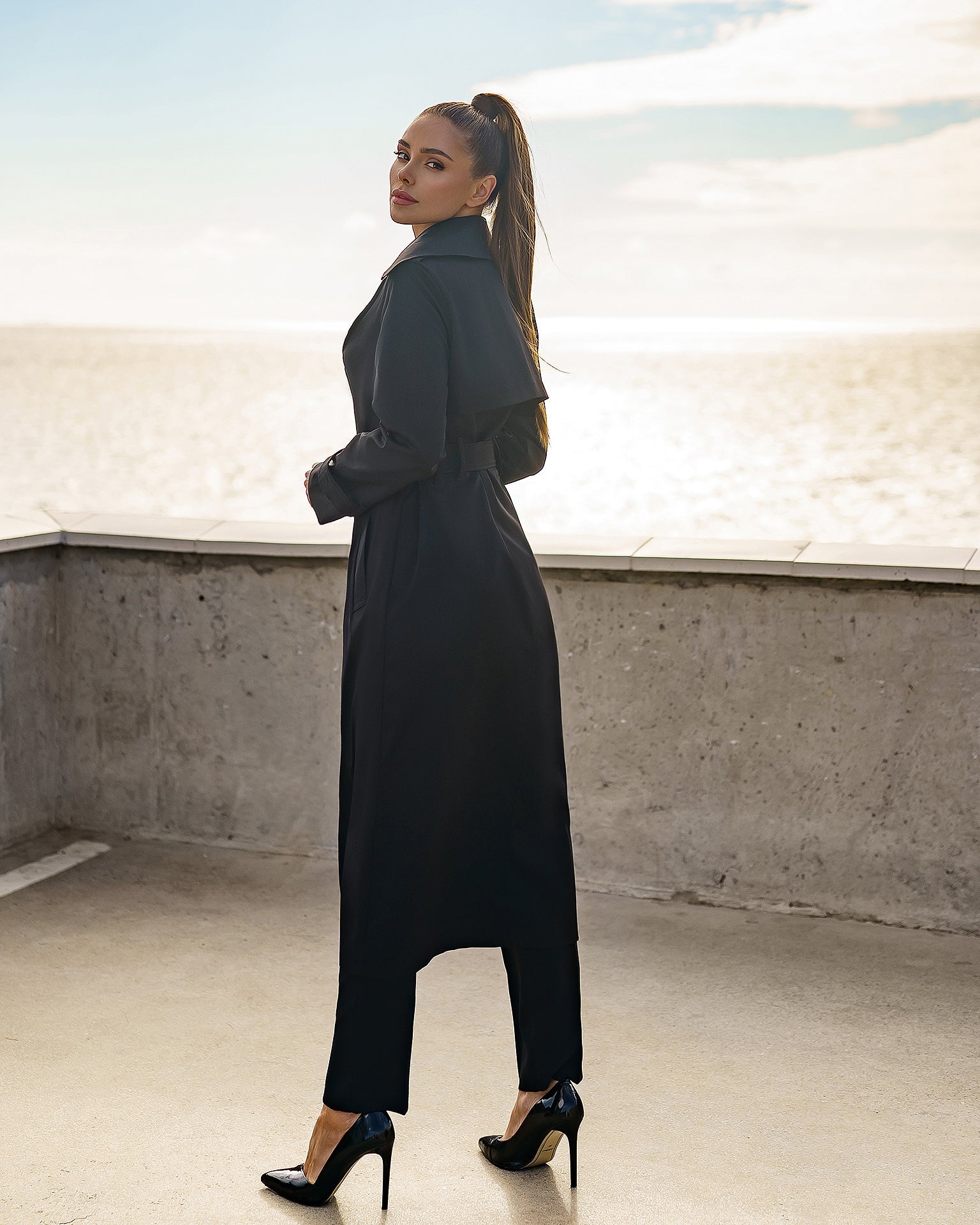 Dark Green Double-Breasted Belted Trench Coat