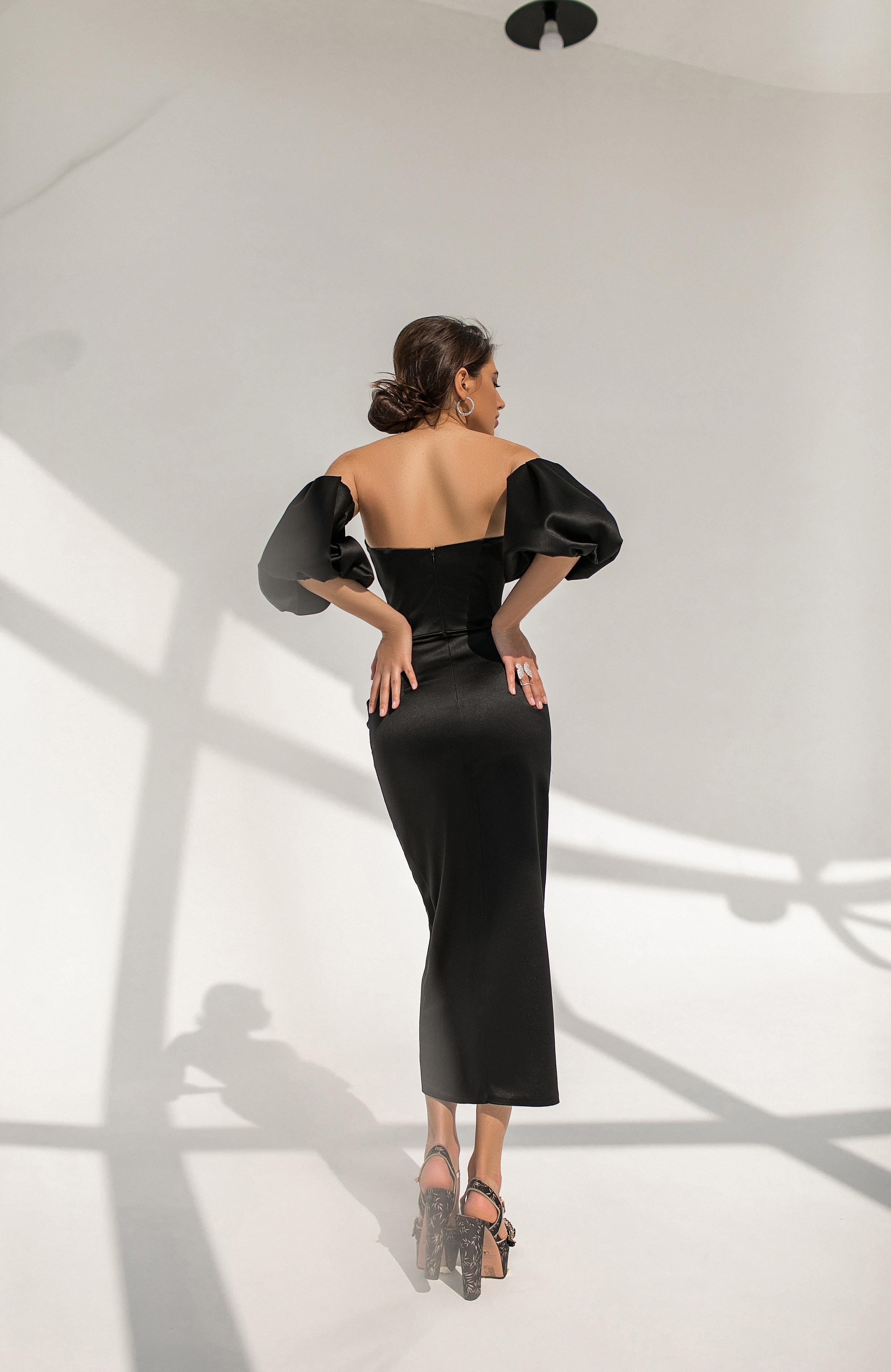 Black Satin Puff-Sleeve Midi Dress