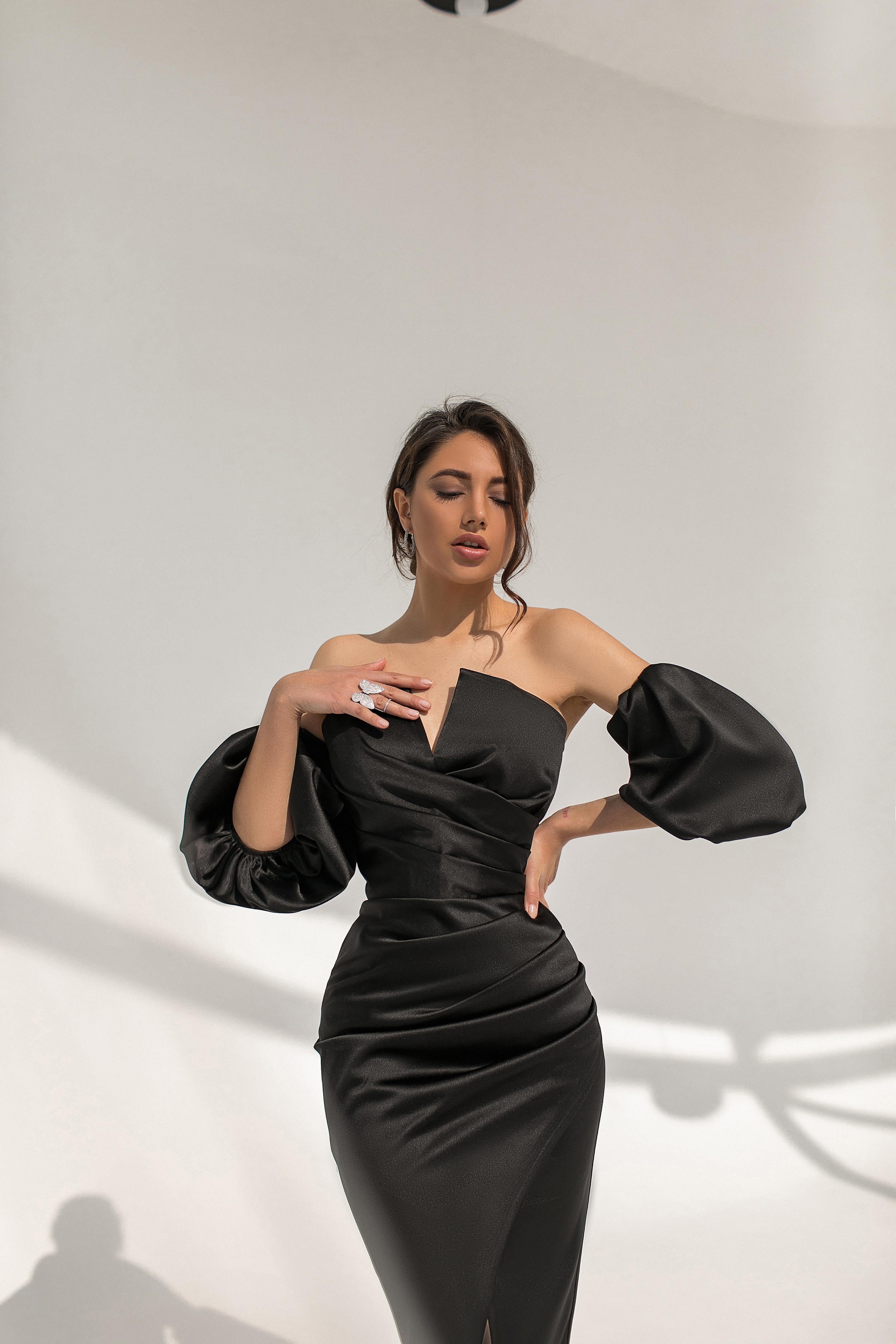 Black Satin Puff-Sleeve Midi Dress