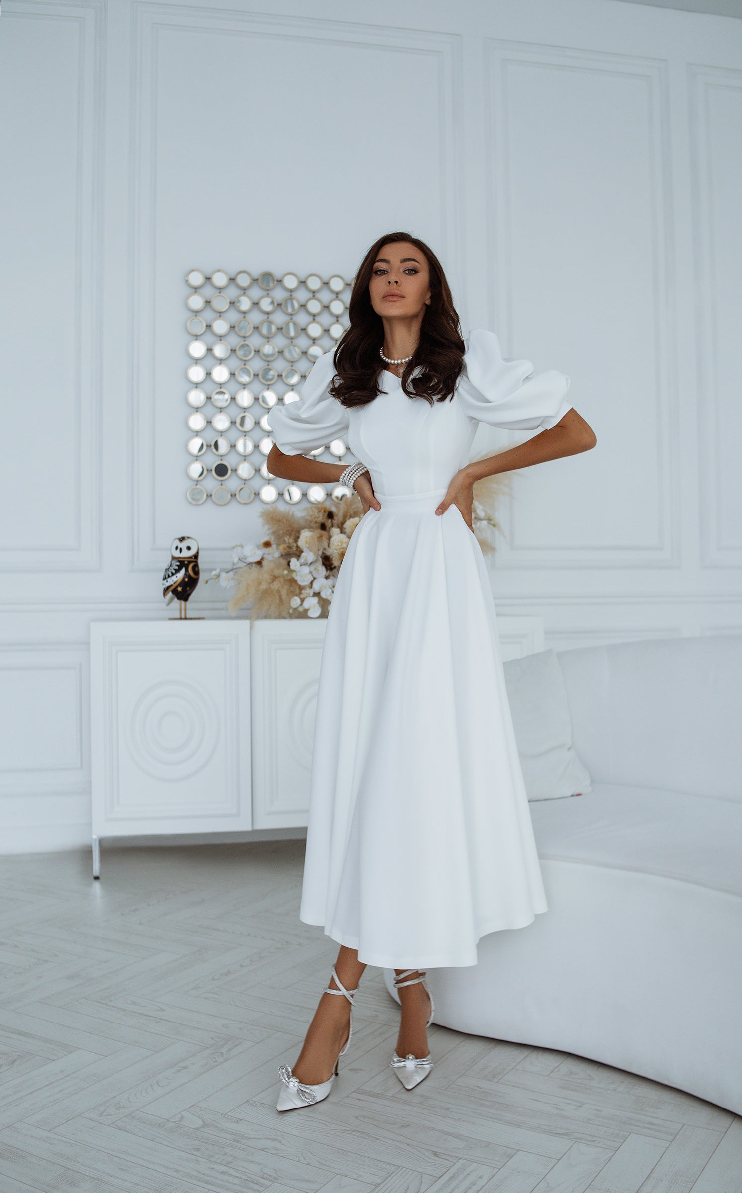 White Backless Puff-Sleeve Midi Dress