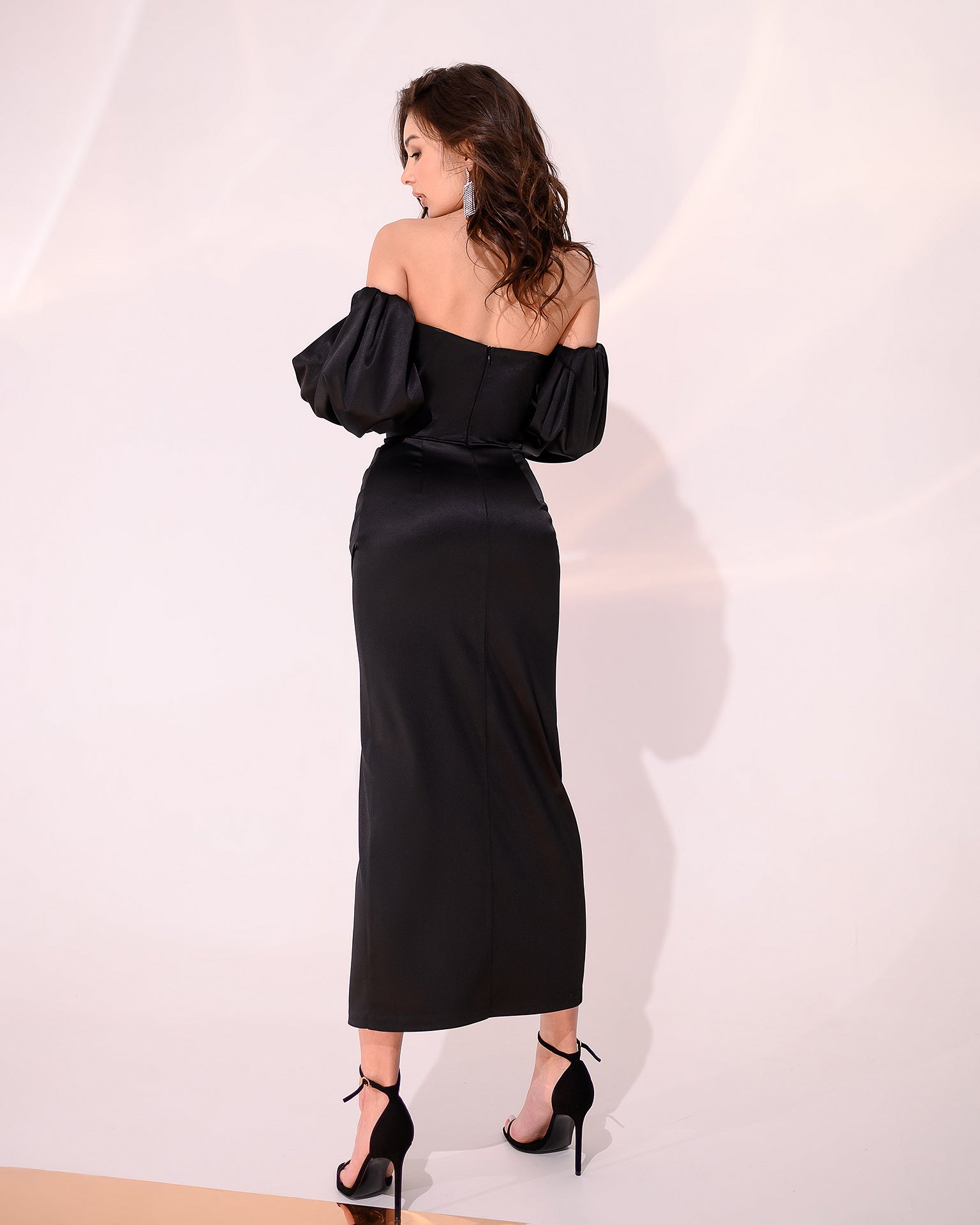 Black Satin Puff-Sleeve Midi Dress