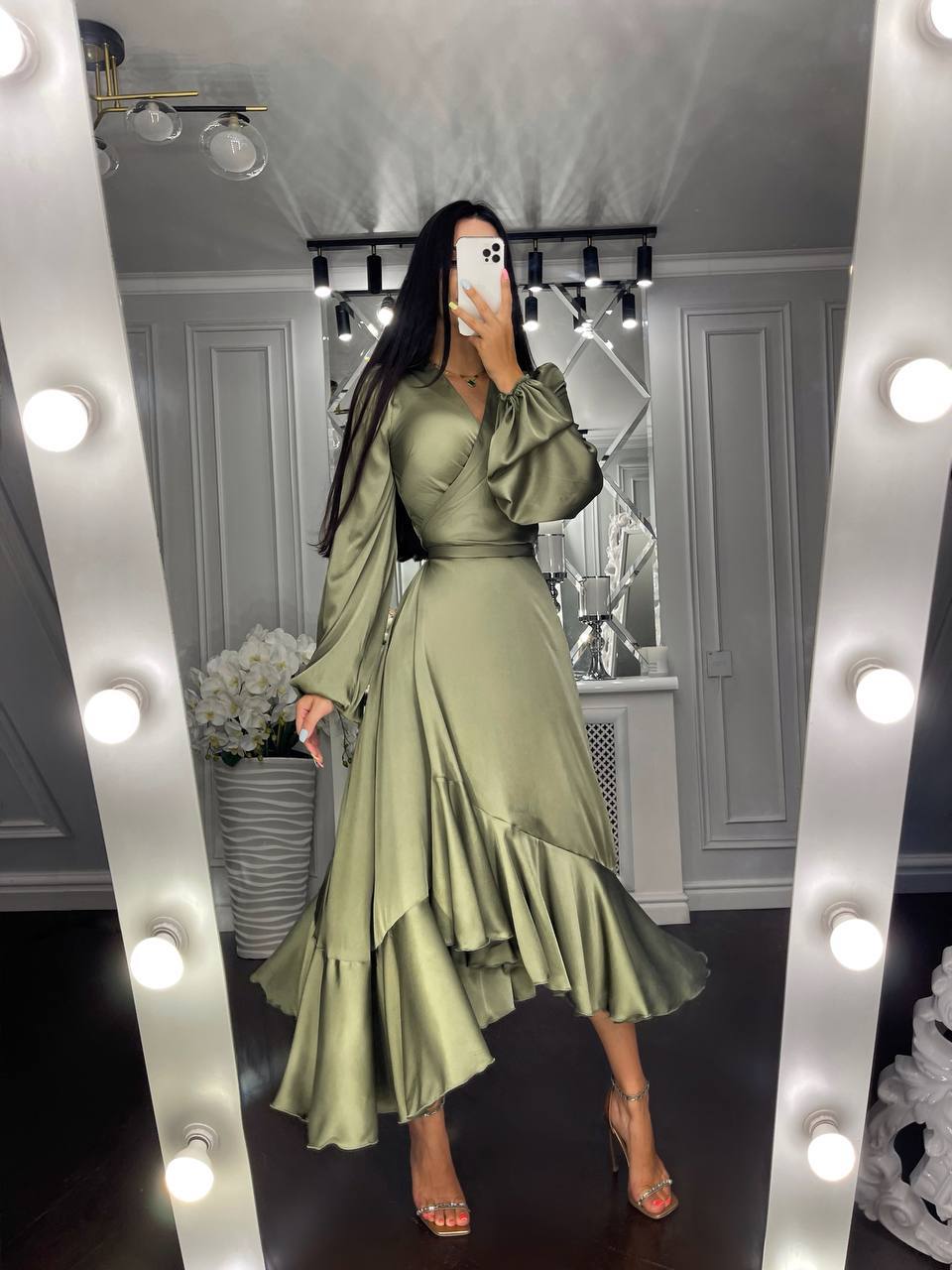 Puff-Sleeve Wrap Asymmetric Dress