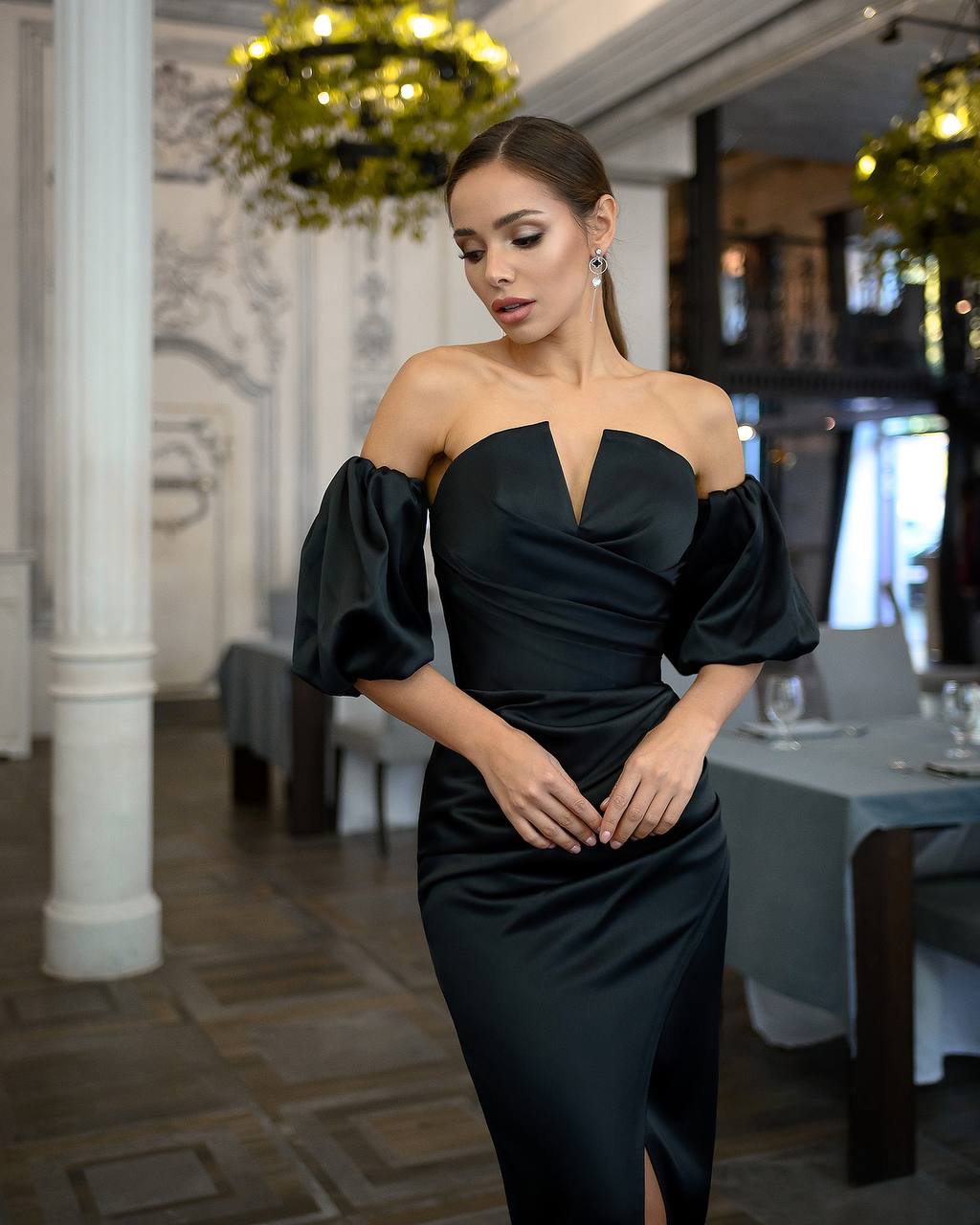 Black Satin Puff-Sleeve Midi Dress