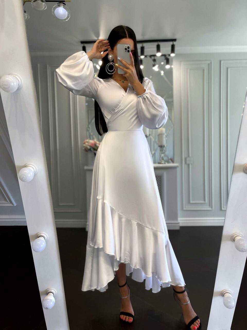 Puff-Sleeve Wrap Asymmetric Dress