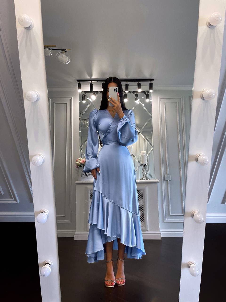 Puff-Sleeve Wrap Asymmetric Dress
