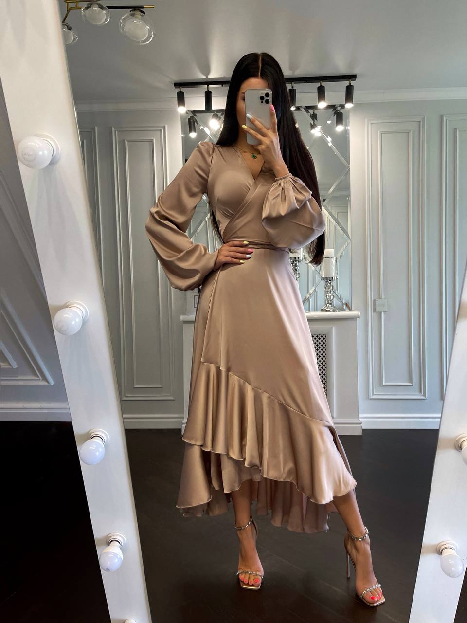 Puff-Sleeve Wrap Asymmetric Dress