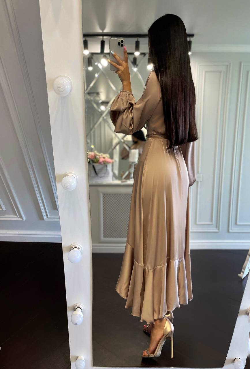Puff-Sleeve Wrap Asymmetric Dress
