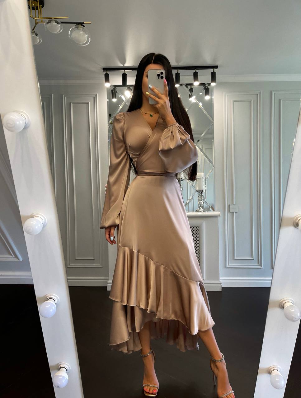 Puff-Sleeve Wrap Asymmetric Dress