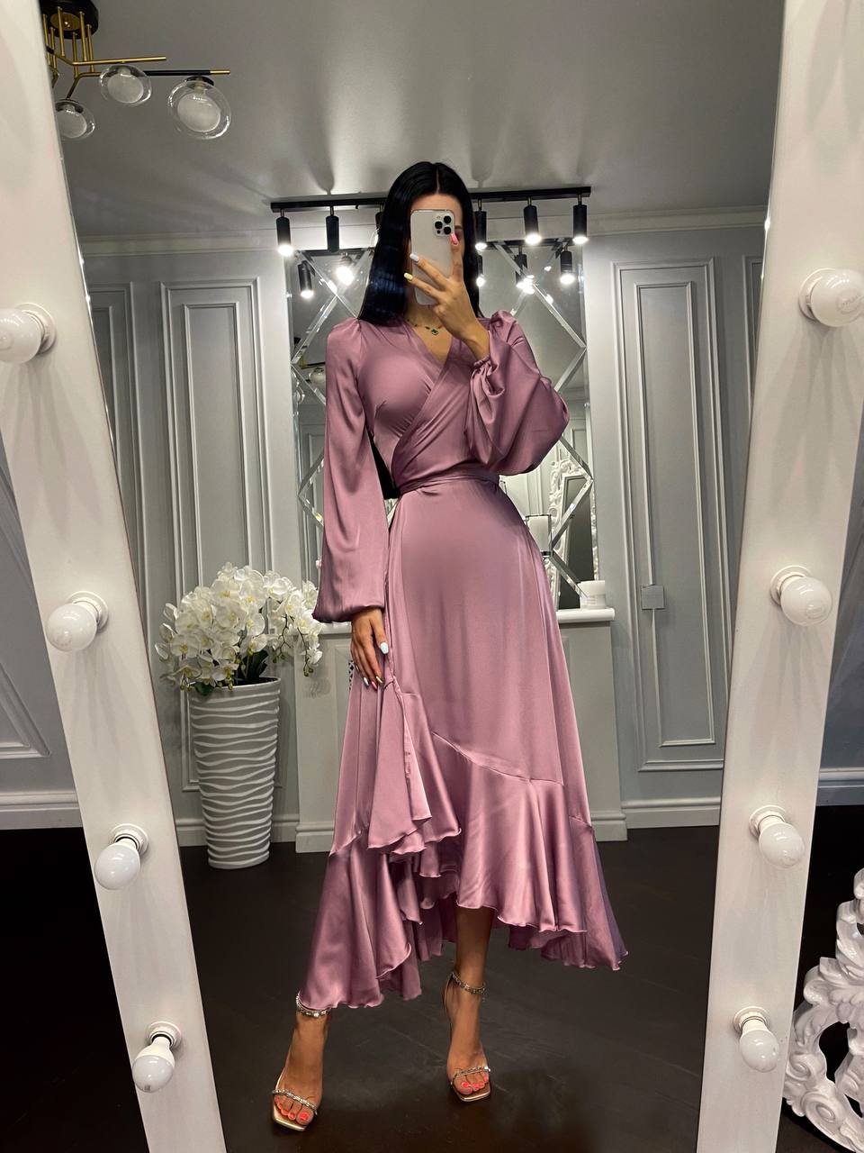 Puff-Sleeve Wrap Asymmetric Dress
