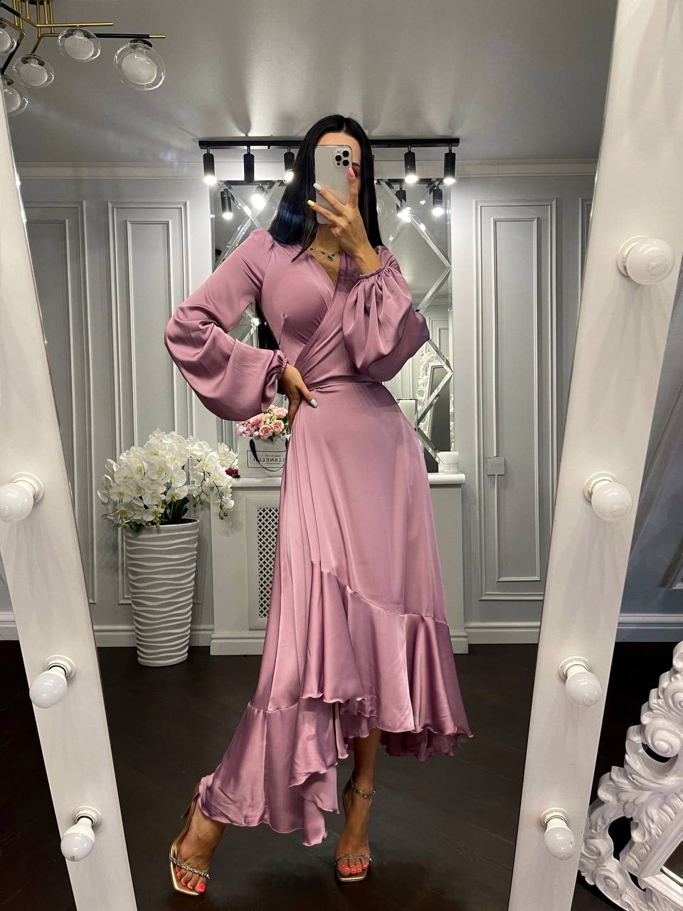 Puff-Sleeve Wrap Asymmetric Dress