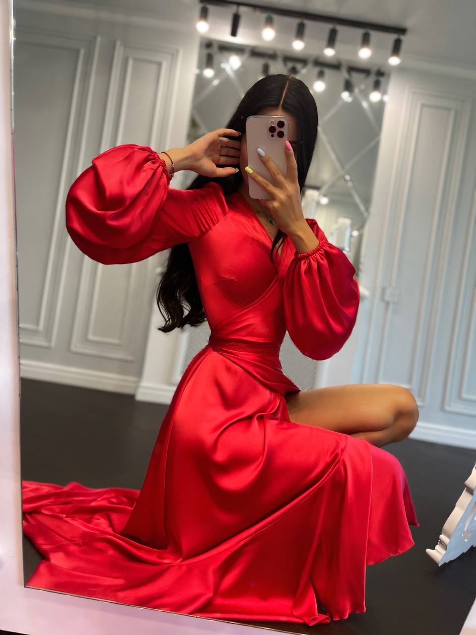 Puff-Sleeve Wrap Asymmetric Dress