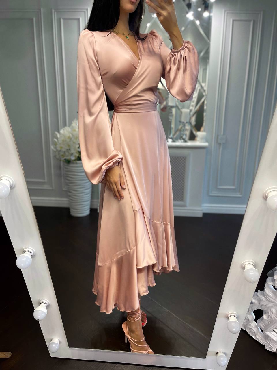 Puff-Sleeve Wrap Asymmetric Dress